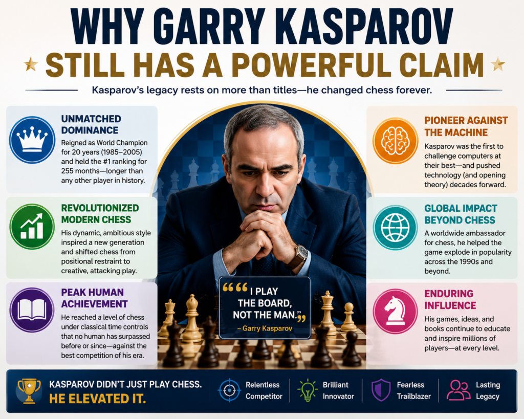 It is about how long he ruled, how hard he worked, and how deeply he changed chess preparation. Kasparov brought energy to the board. He attacked with force. He studied openings in great depth. He made top-level chess feel like a war of ideas before the first move was even played.