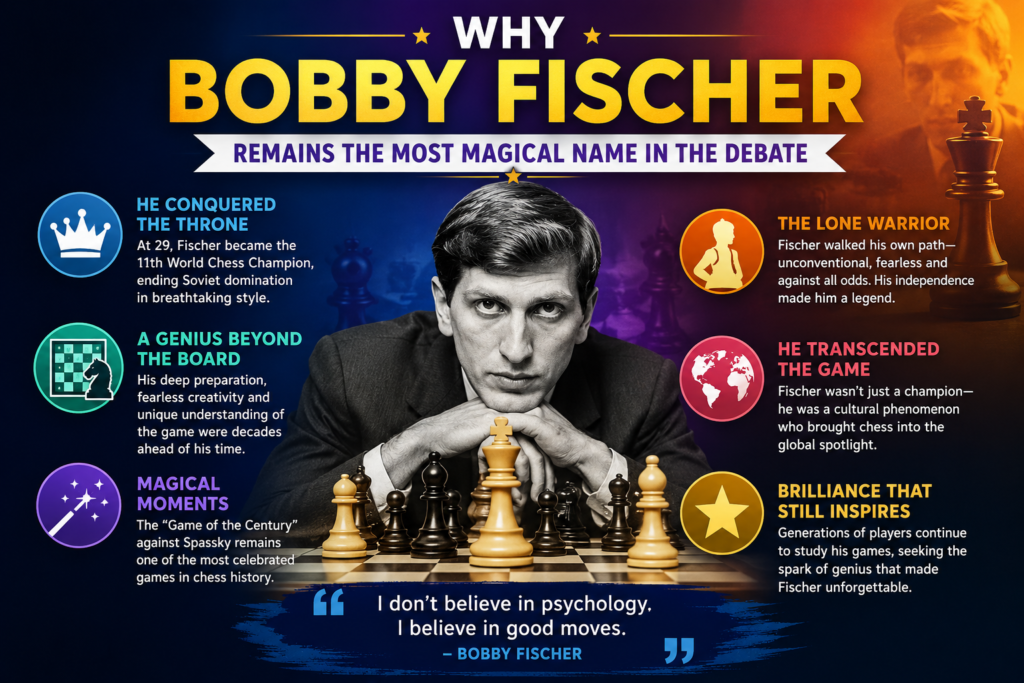 Bobby Fischer’s case is different from Carlsen’s and Kasparov’s. He did not rule for as long. He did not defend the world title for many years. But at his peak, Fischer looked almost untouchable. His rise to the 1972 World Championship was so strong that people still talk about it with awe.