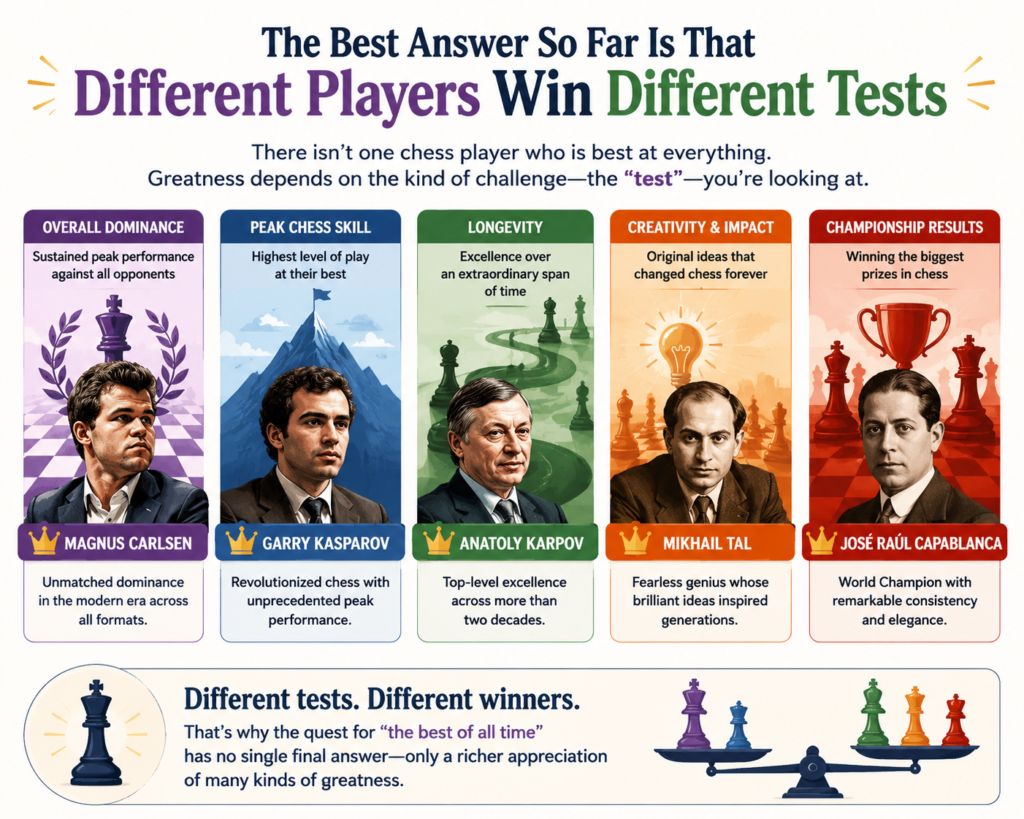 Carlsen has the strongest case because 2882 is the highest official peak rating in chess history, according to FIDE sources. If we mean long rule and deep opening impact, Kasparov has a very strong case. If we mean peak dominance and cultural impact, Fischer’s claim is still huge.