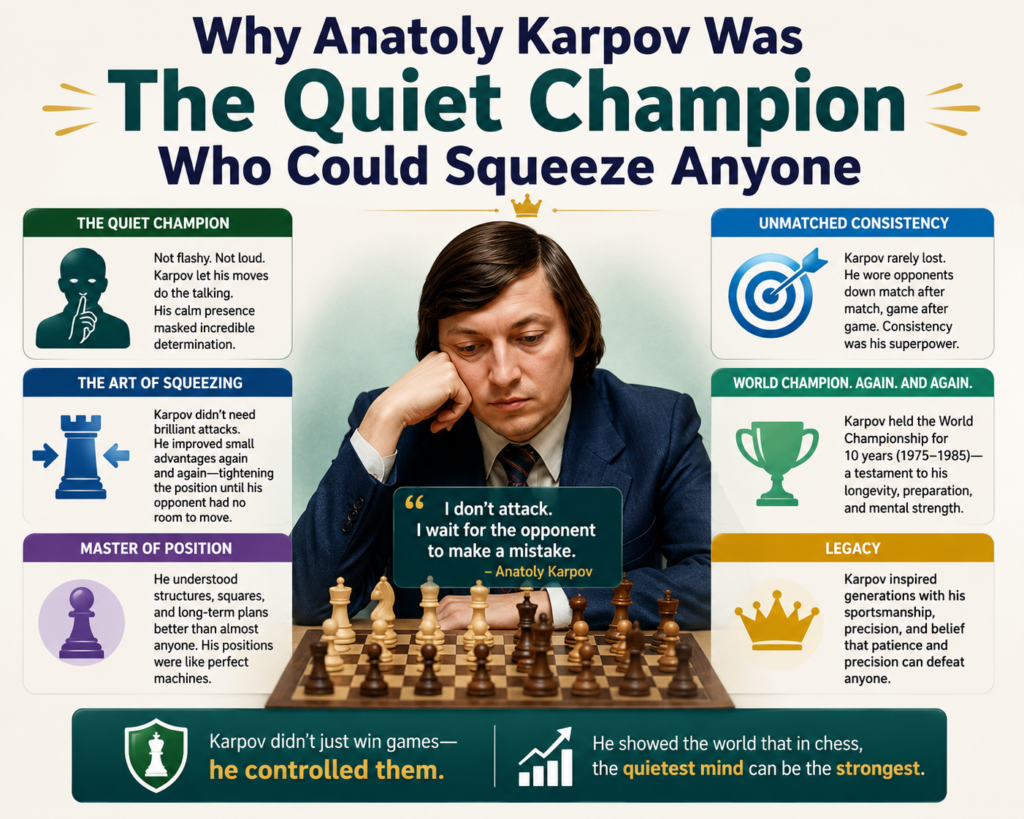 Anatoly Karpov does not always get the same loud praise as Kasparov, Fischer, or Carlsen. That is a mistake. Karpov was one of the most complete and hard-to-beat players in chess history. He did not need to attack all the time.