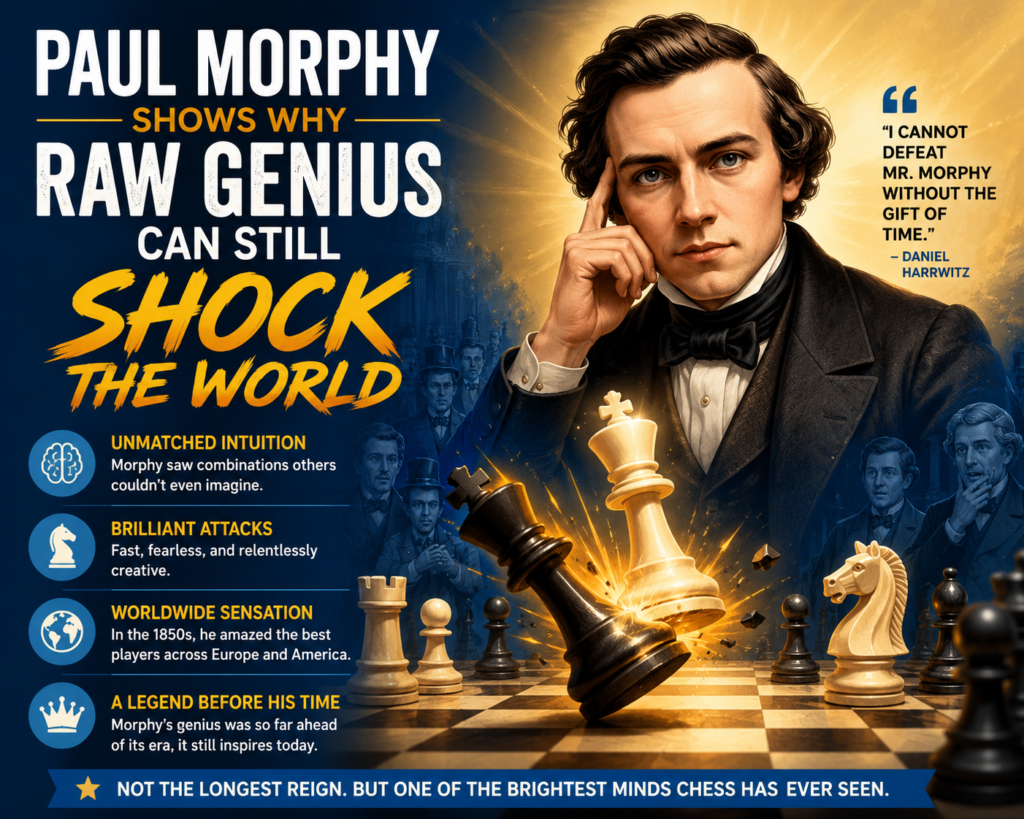 Paul Morphy is one of the hardest players to compare with modern stars. He played before official world titles, before ratings, before engines, and before chess became as organized as it is today. Even so, many chess lovers still speak about him with deep respect because he was so far ahead of the players around him.
