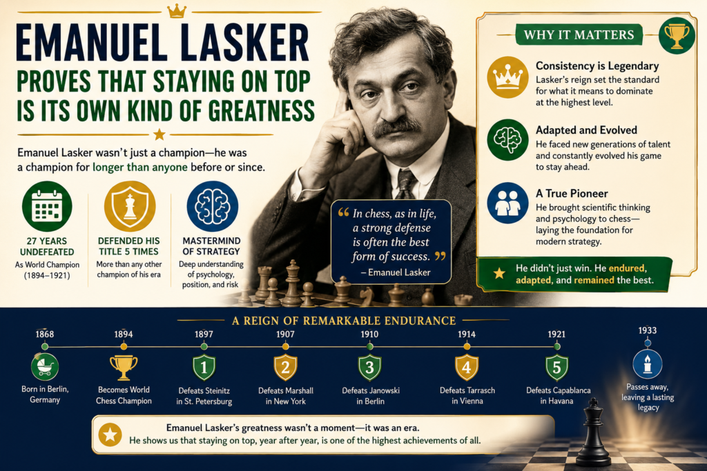 Emanuel Lasker has one record that is almost impossible to ignore. He held the World Chess Champion title for 27 years, from 1894 to 1921. FIDE’s chess museum calls him the longest-reigning world champion in chess history, and that alone gives him one of the strongest cases in this whole debate.