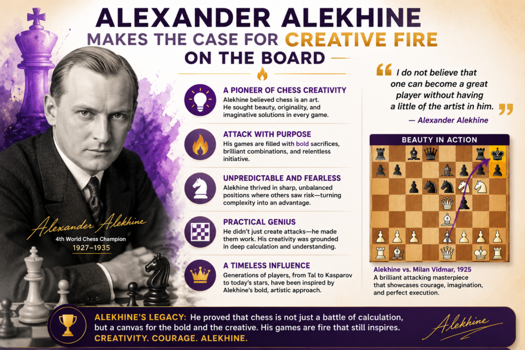 Alexander Alekhine was one of the most creative world champions ever. He could build attacks that felt like stories. One piece would move. Then another piece would join. A line would open. A sacrifice would appear. Suddenly, the opponent’s king had no safe place to go.