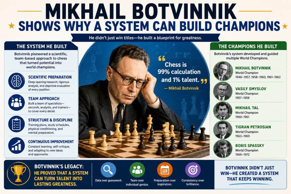 Mikhail Botvinnik’s greatness is not only about his own games. It is also about the way he shaped chess learning. FIDE’s chess museum describes him as the sixth World Chess Champion and the founder of the Soviet Chess School. It says he held the title across three reigns, from 1948 to 1957, 1958 to 1960, and 1961 to 1963.