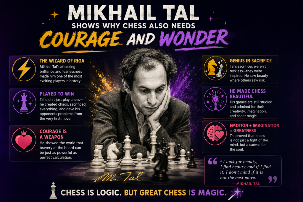 Mikhail Tal is one of the most exciting chess players ever. Some champions feel calm. Some feel sharp. Tal felt like a storm. When he played, the board could change very fast. One moment the position looked normal.