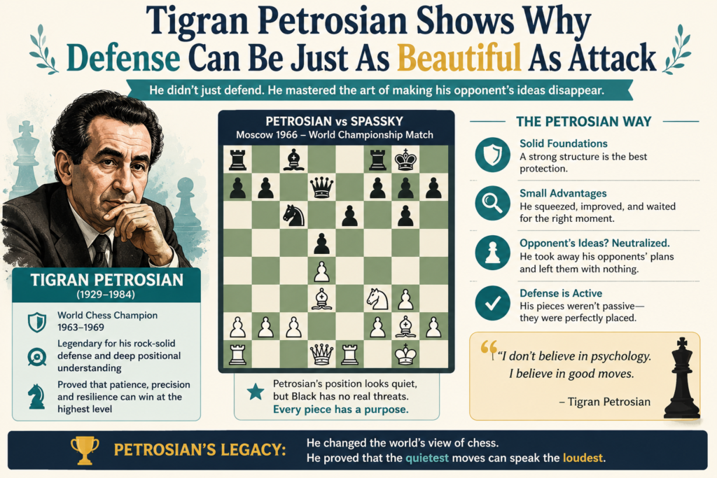 Tigran Petrosian is a perfect answer for anyone who thinks chess is only about attacking. He was known for deep defense, quiet control, and a strong sense of danger. He often stopped threats before they even became real. That is why people called him “Iron Tigran.”