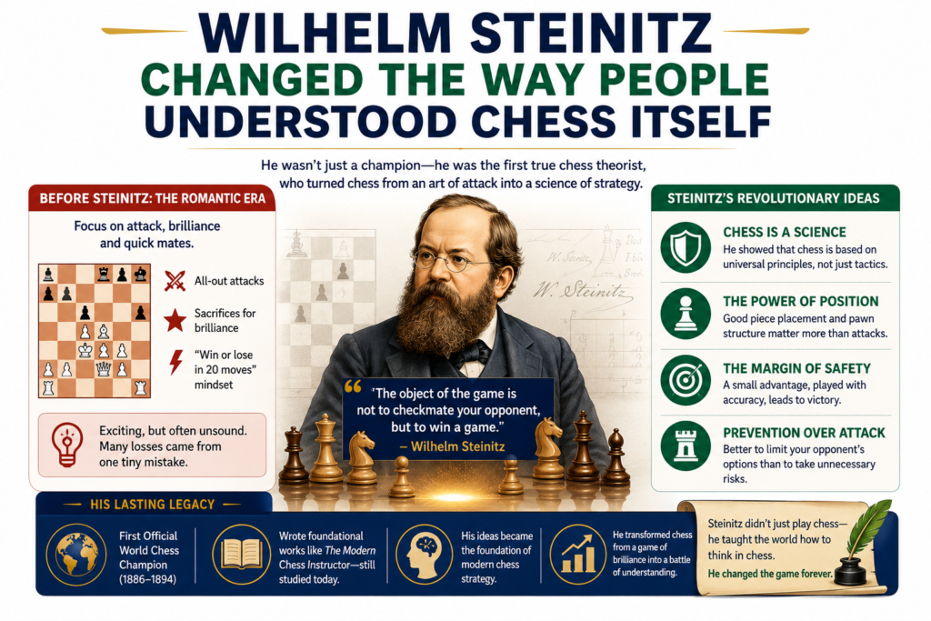 Wilhelm Steinitz was the first official World Chess Champion, but his true impact is even bigger than that title. Before Steinitz, many players believed chess was mostly about attack. They loved sacrifices, open lines, and direct threats.