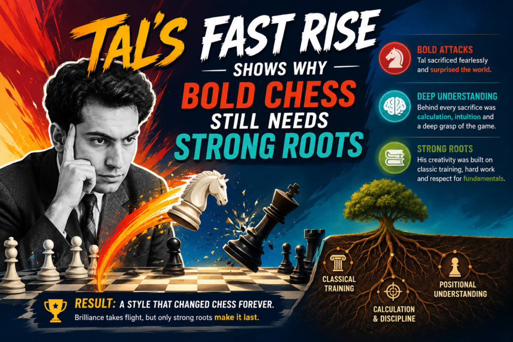 Tal’s story is not only about brilliant sacrifices. It is also about growth. He was born in Riga, Latvia, in 1936, and later became one of the most famous players in chess history. Britannica notes that he learned chess at age six, and by 1960 he had beaten Mikhail Botvinnik to become world champion at just 23 years old.