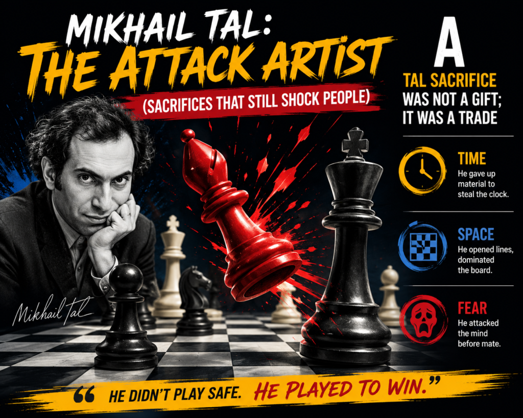 When people hear the word “sacrifice,” they often think it means giving something away. In Tal’s games, that is not quite right. Tal was not giving gifts. He was making trades.