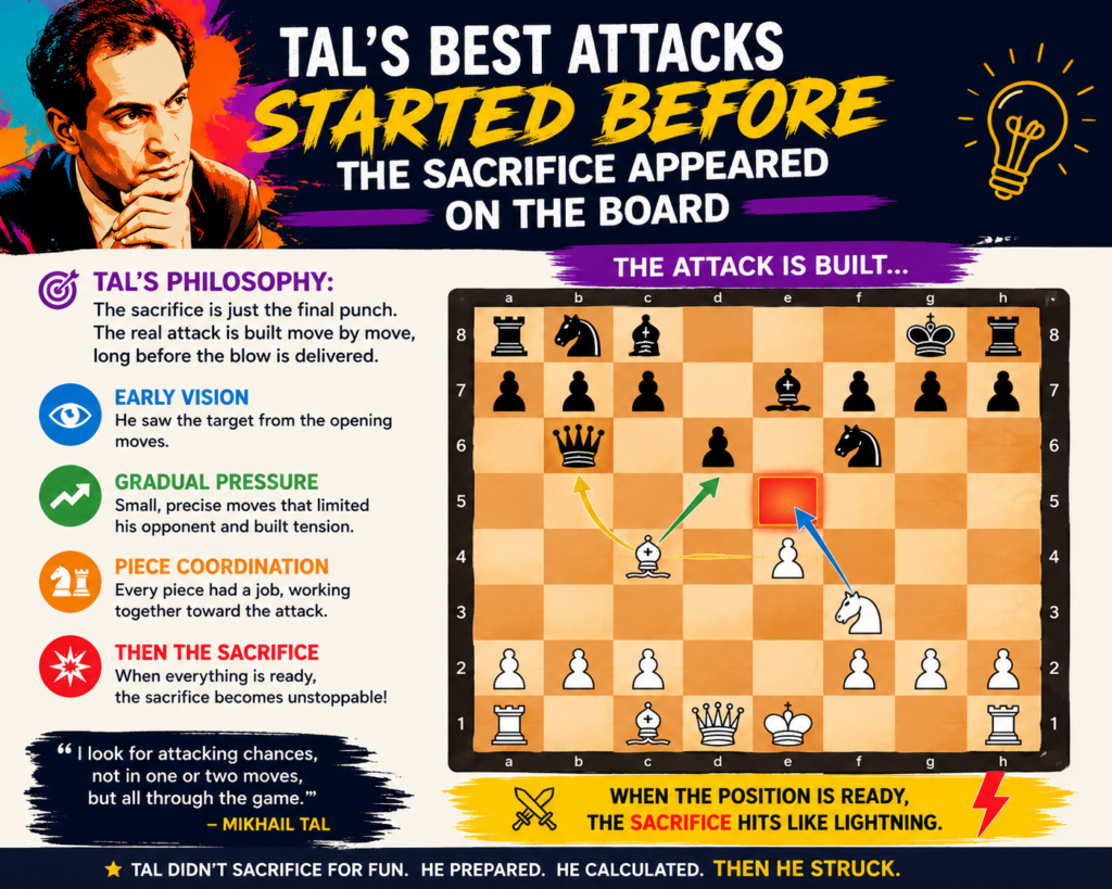 Many players only notice Tal when the sacrifice happens. That is the loud moment. That is the move people share, study, and remember. But the real work often starts earlier.