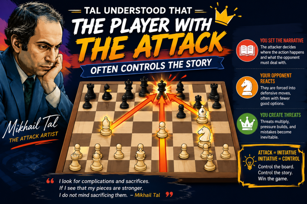 Before the sacrifice, the position might look normal. After the sacrifice, the defender had to answer Tal’s questions. That is a huge shift. The defender could no longer think, “What plan do I want?” Instead, they had to think, “How do I survive?”