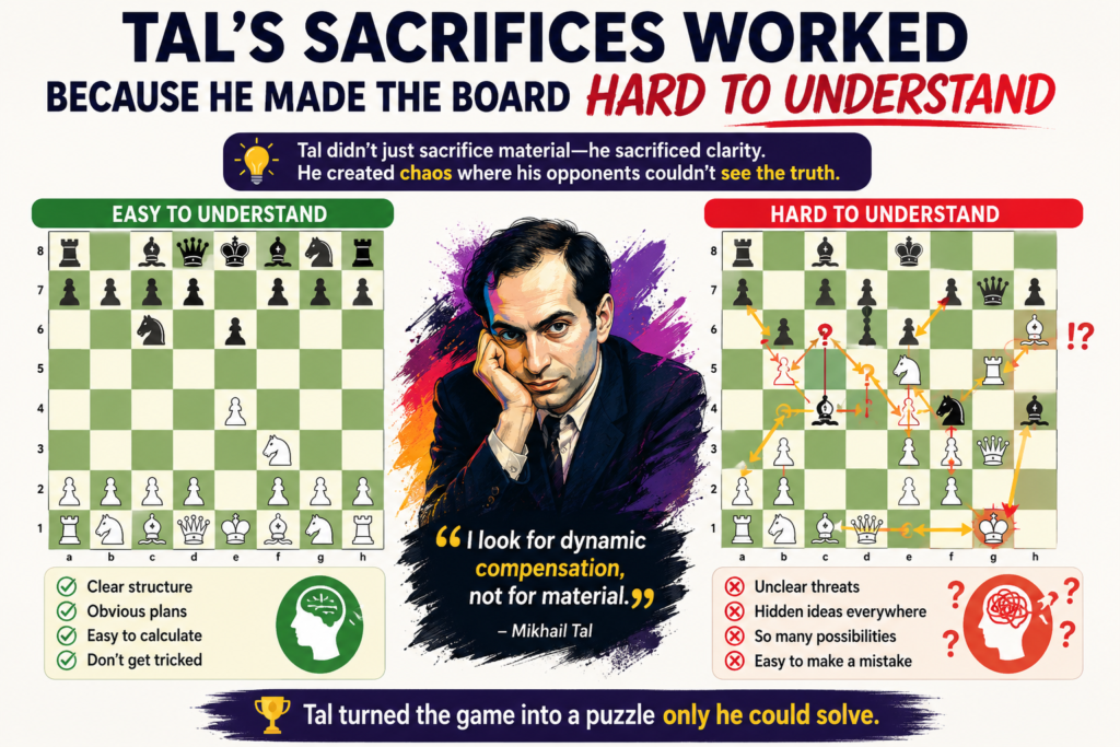 Tal did not always look for simple positions. In fact, he often wanted the opposite. He wanted positions where normal rules became blurry. He wanted places where the defender could not solve the puzzle in a calm way.