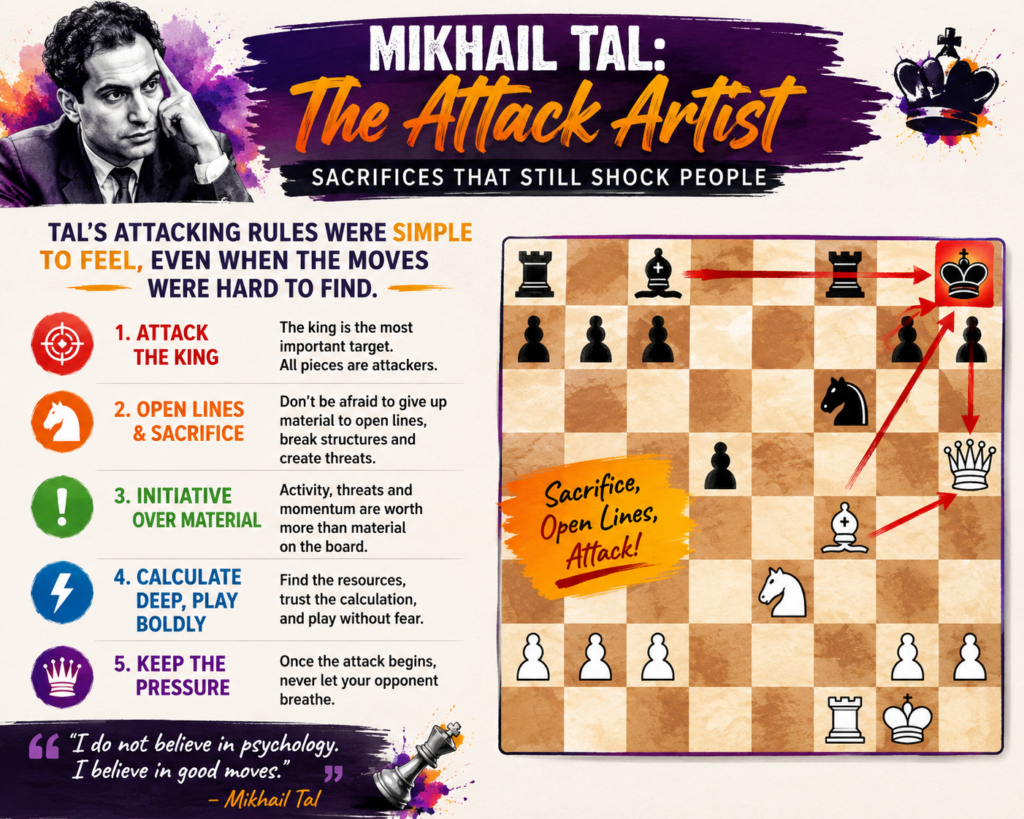 A Tal game can look like a thunderstorm. Pieces fly across the board. Pawns break open lines. Kings get dragged into danger. At first, it can feel too hard for a young student.