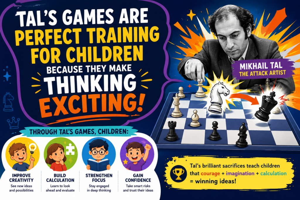 Some chess lessons feel slow. Tal’s games do not. They pull students in. A child sees a knight jump into danger and wants to know what happens next. A queen moves close to the king and the child leans forward. A rook is offered, and suddenly the board feels like a story.