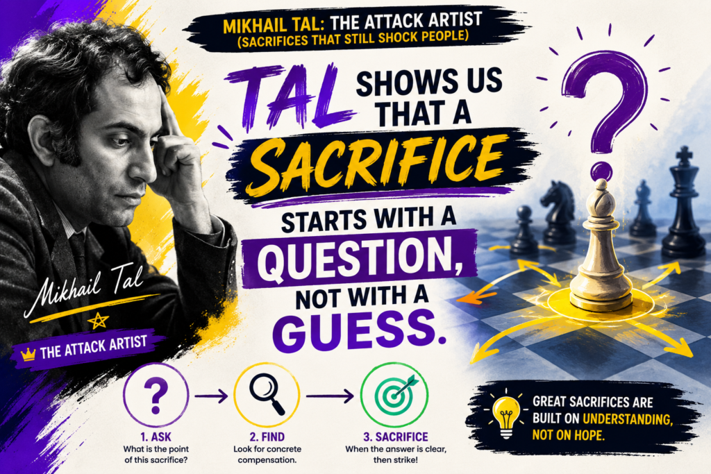 Tal was brave, yes. But his brave moves were tied to questions. Before he gave up a piece, he seemed to ask, “Can my opponent really take this?” Then he asked, “If they take it, where will their king go?” Then he asked, “Which of my pieces can join the fight next?”