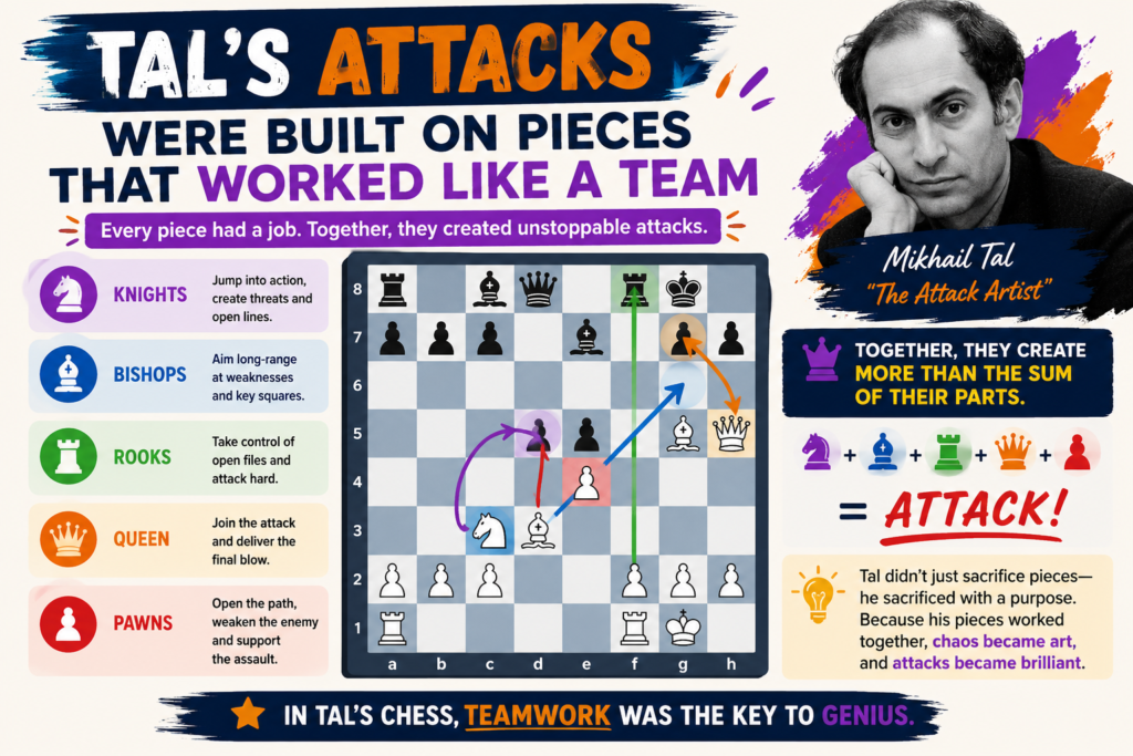 A Tal attack did not happen because one piece was doing all the work. It happened because many pieces joined the same mission. His queen, rooks, bishops, knights, and pawns often seemed to move toward one target together. That target was usually the king.