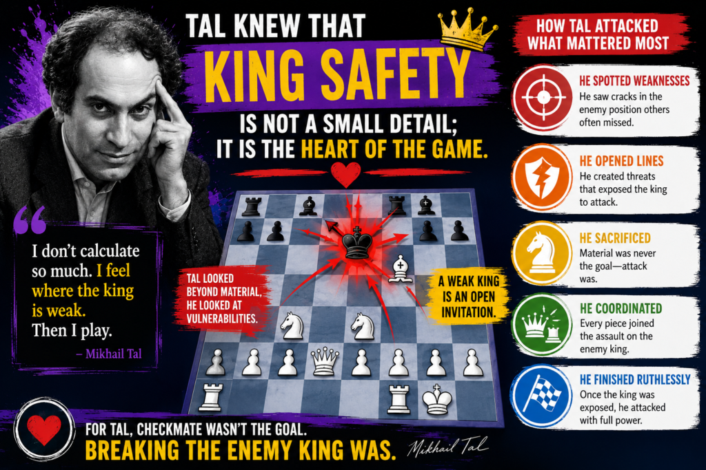 In many Tal games, the whole fight came down to one thing: whose king was safer? If the enemy king was stuck in the center, Tal tried to open the board. If the king had weak pawns around it, Tal aimed his pieces there. If the king had no easy escape, he searched for a way to bring more force.