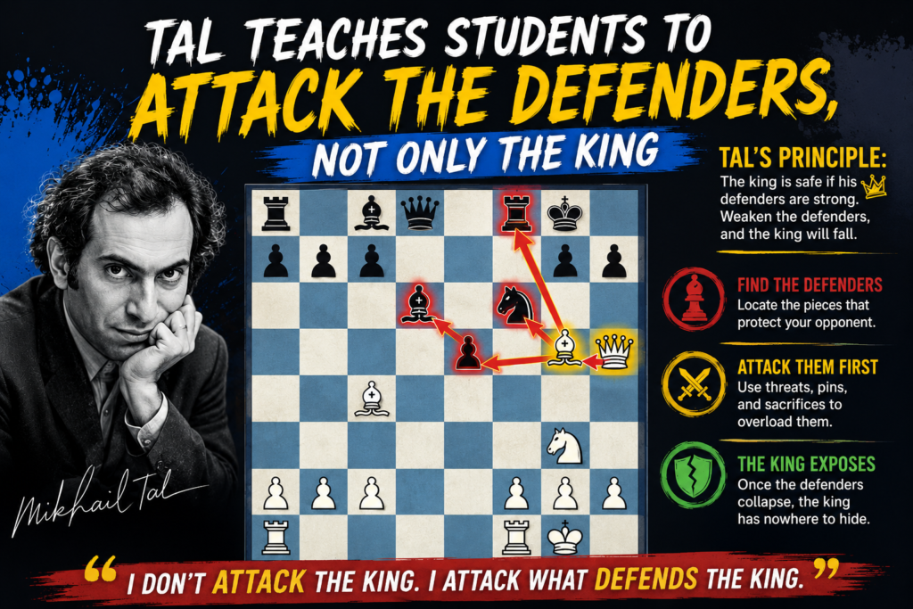 A young chess player often sees only the big target. They look at the king and say, “I want checkmate.” That is a good start, but it is not enough. Tal looked deeper. He asked a better question. He asked which piece was keeping the king safe.