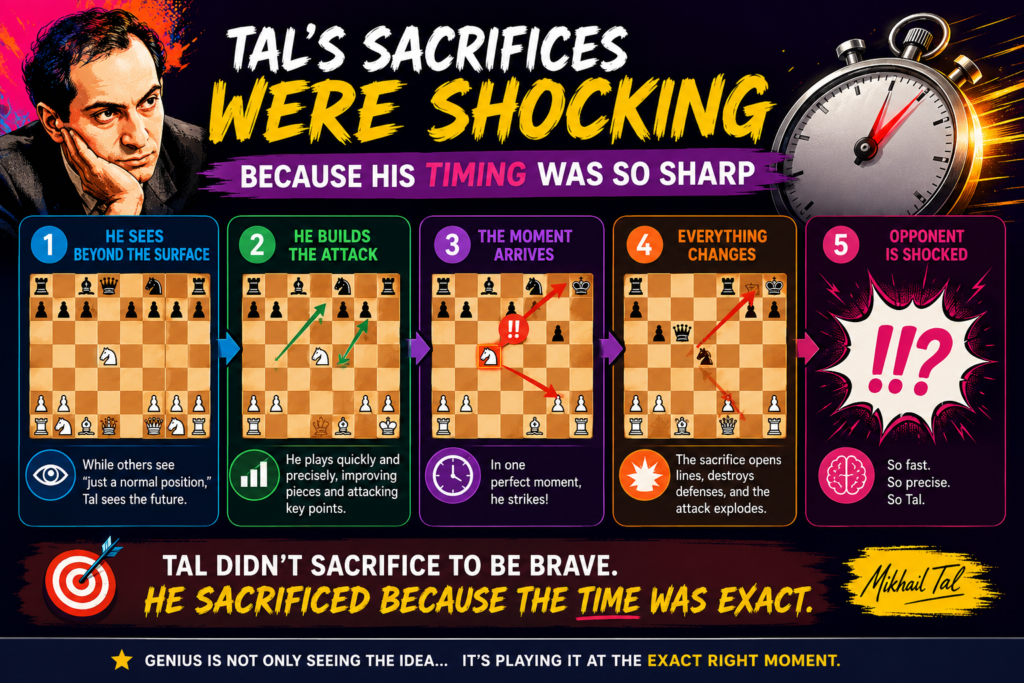 A sacrifice played too early is often just a mistake. A sacrifice played too late may miss the chance. Tal’s gift was timing. He knew when the position had reached the right point. He felt when the king was weak enough, when the pieces were ready enough, and when the defender was under enough pressure.