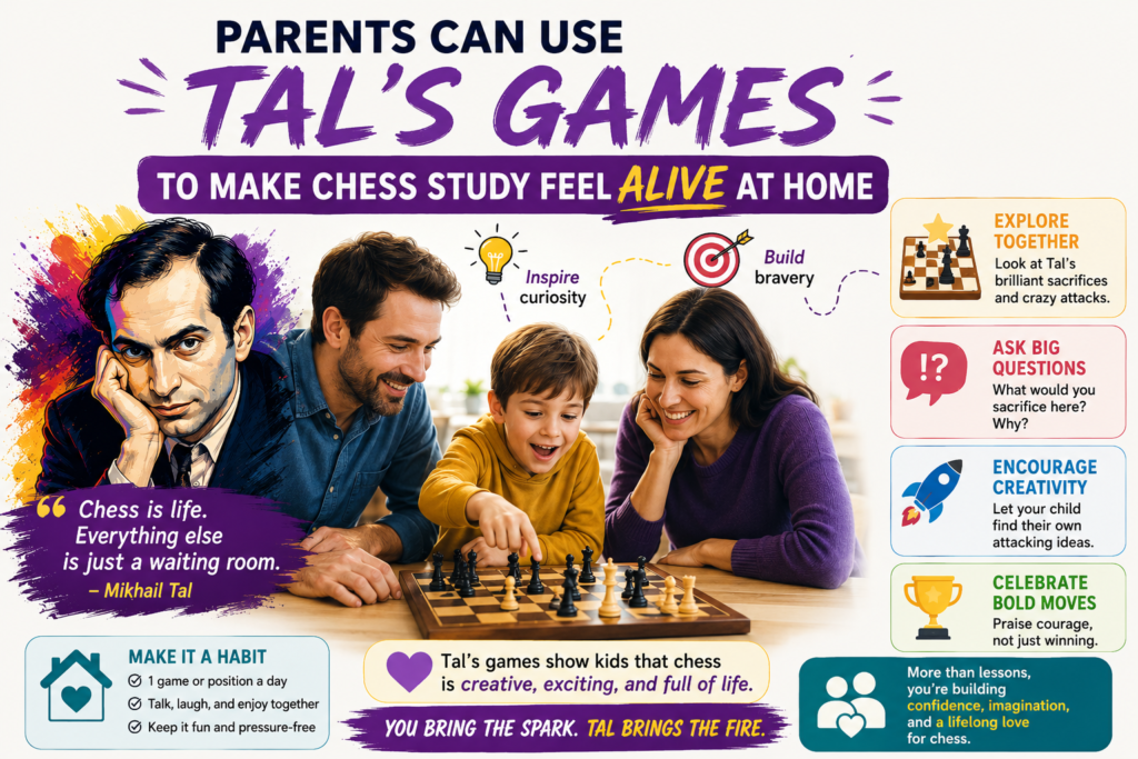 Tal’s games are not only for advanced players. They can be wonderful for children when studied in the right way. The goal is not to explain every deep line. The goal is to make the child curious.