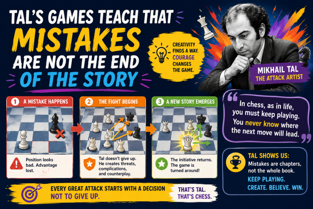 Tal’s chess was full of risk. Some of his sacrifices were perfect. Some were not. Later analysis has shown that a few of his famous attacks could have been defended with very accurate play. But that is exactly why his games are so useful for students.