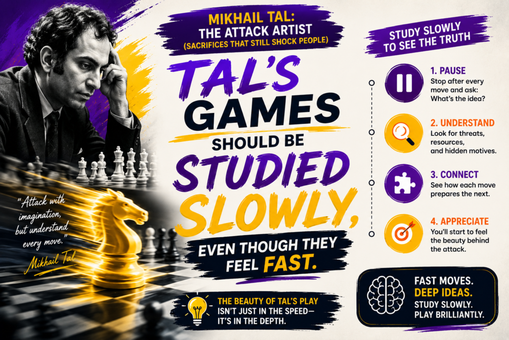 Tal’s attacks often feel like lightning. But students should not study them at lightning speed. If a child only clicks through the moves, the game becomes entertainment. That is fun, but it does not build deep skill.