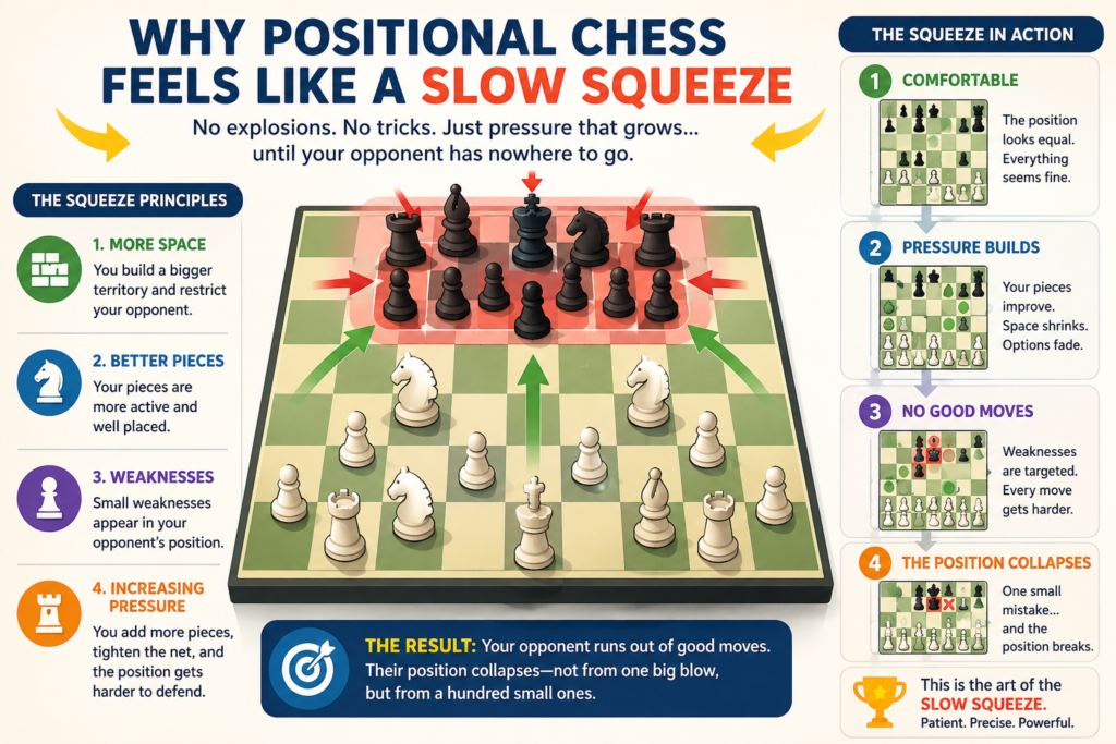 Positional chess is the art of winning without rushing. It is not about looking for a quick trick on every move. It is about asking a calm question again and again: “How can I make my position a little better, and my opponent’s position a little harder to play?”