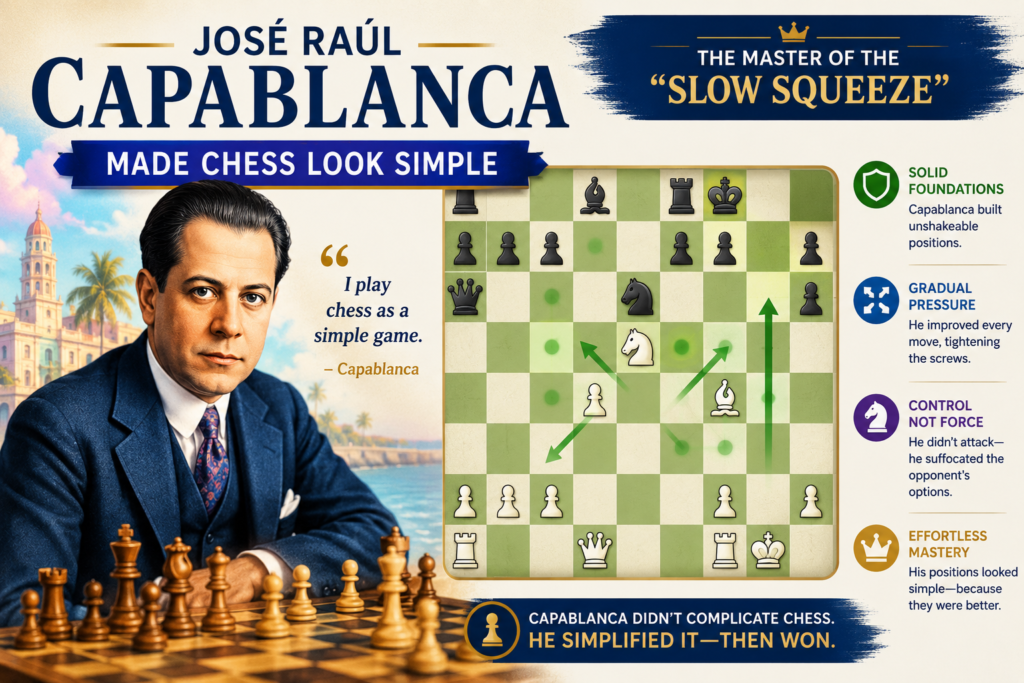 José Raúl Capablanca is one of the best examples of clean positional chess. He was world chess champion from 1921 to 1927, and his games are still studied because they look so smooth.