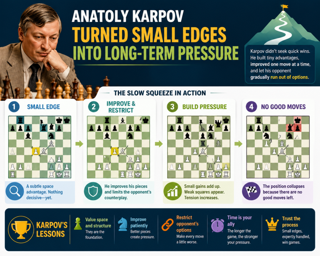 Anatoly Karpov is one of the clearest slow-squeeze players in chess history. Britannica says he dominated world chess from the mid-1970s to the mid-1980s. He was known for a calm and steady style that made opponents feel like they had less and less room with every move.