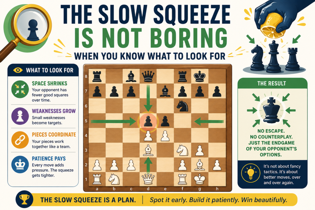 Instead of a loud attack, you may see a battle for one square. Instead of a queen sacrifice, you may see a battle over one open file. Instead of checkmate in three moves, you may see one player slowly taking away all good choices.