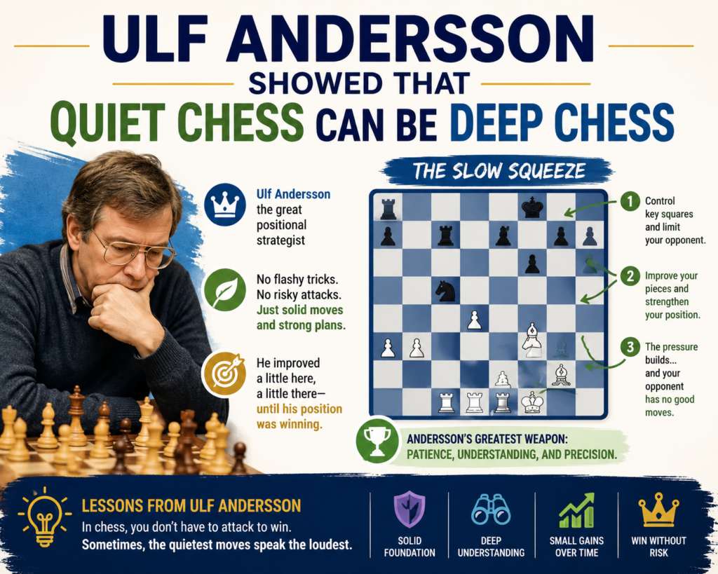 Ulf Andersson may not be the first name young players hear, but serious chess students soon learn why he matters. He was one of the strongest positional players in the world during his best years, and his games are a gold mine for anyone who wants to learn calm control.