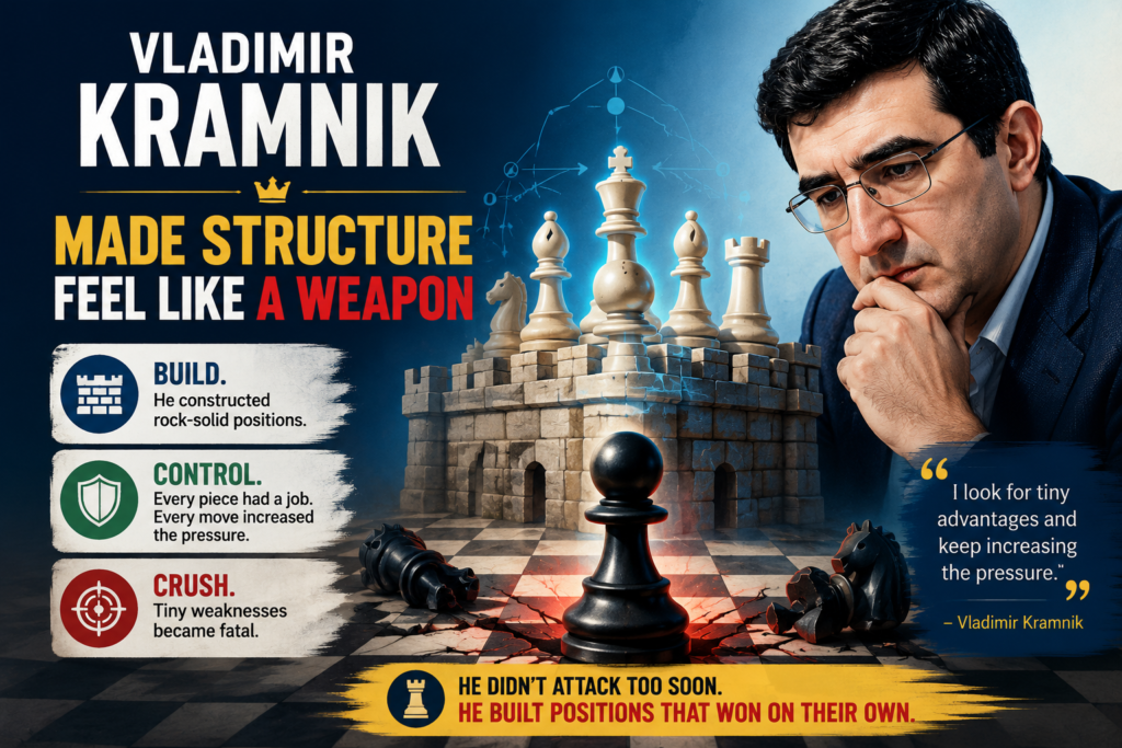 Vladimir Kramnik became world champion by beating Garry Kasparov in 2000. That match is still famous because Kramnik used deep opening ideas, strong defense, and amazing positional control. He did not try to outfight Kasparov in wild chaos.