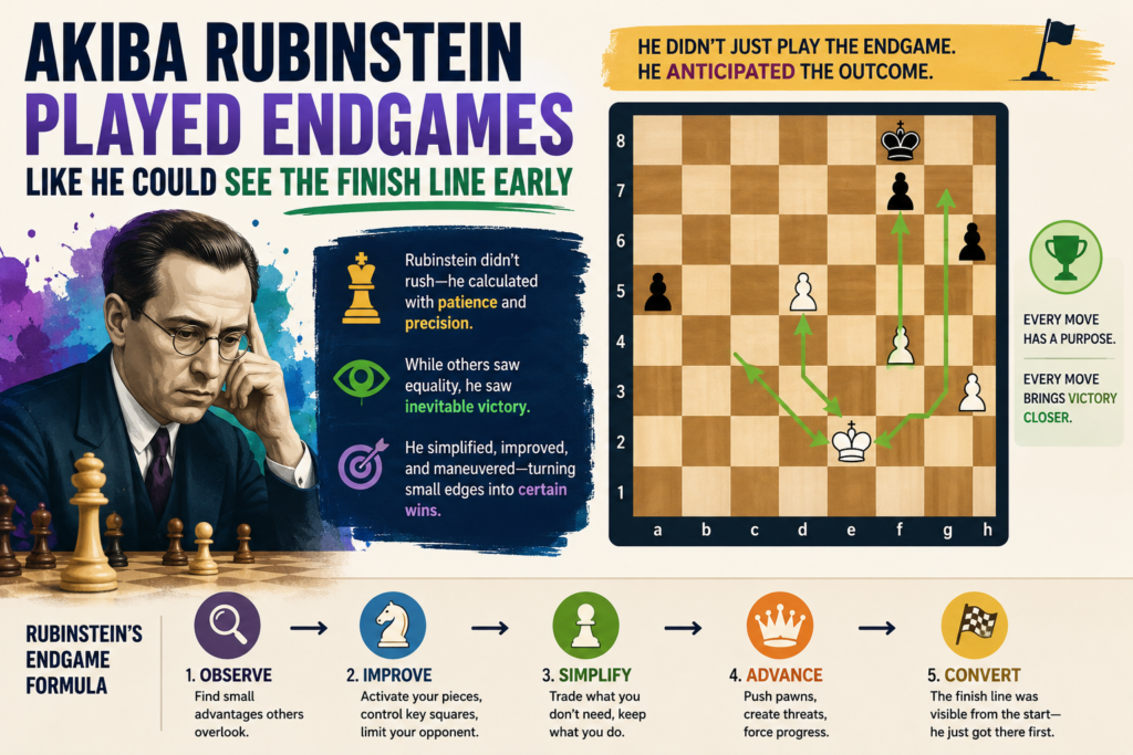 Akiba Rubinstein was one of the greatest players never to become world champion. Many chess teachers still use his games because his play was clean, logical, and deeply positional. He was especially famous for his rook endgames and his smooth handling of small advantages.