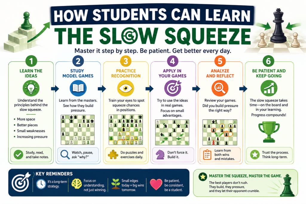 The slow squeeze is not magic. It is a set of small habits. Any student can learn them with the right guide, the right examples, and enough practice. The goal is not to copy every move from Capablanca, Karpov, or Carlsen. The goal is to understand how they think.