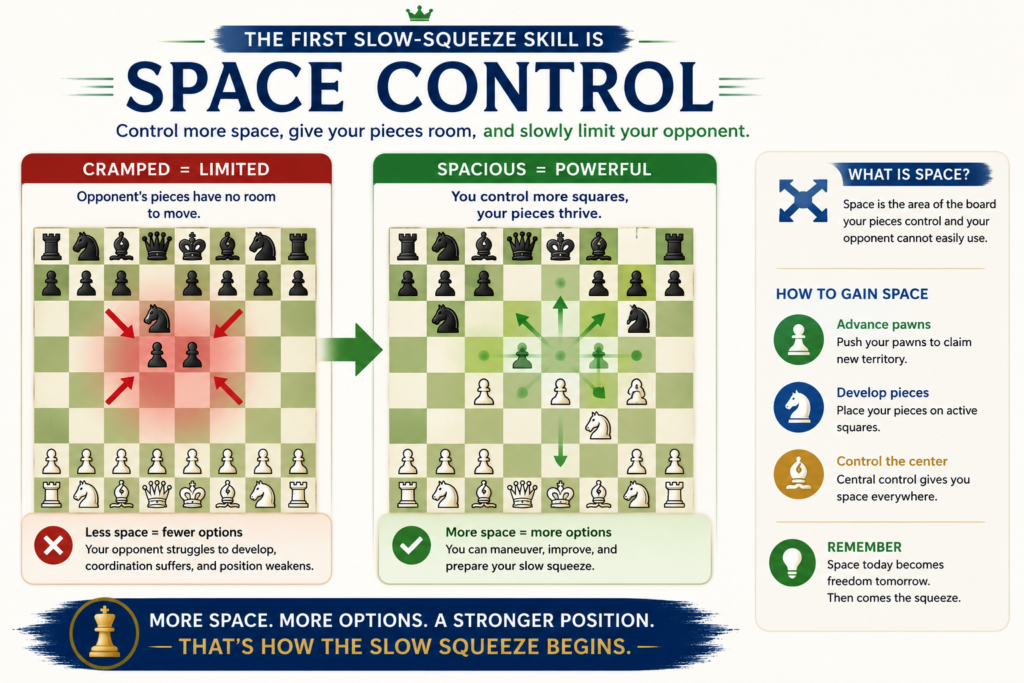Space is one of the easiest positional ideas to feel, but one of the hardest to use well. When you have more space, your pieces often have more room to move. Your opponent’s pieces may feel cramped. Their moves may become awkward. Their plans may take more time.