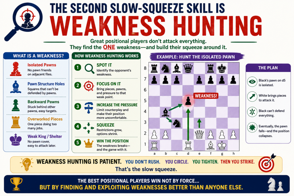 A weakness is something that is hard to defend. It can be a pawn, a square, a file, or even a piece that has no safe place to go. Positional players love weaknesses because weaknesses give them a target.