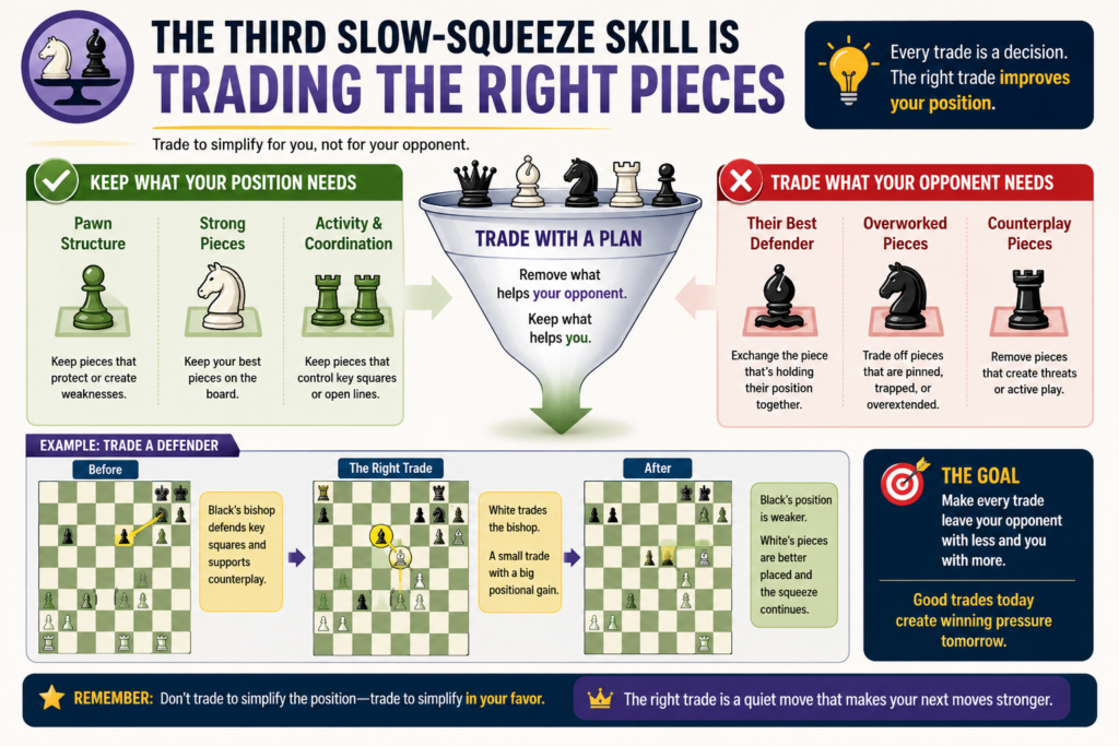 Piece trades are one of the most important parts of positional chess. A trade can make your position better, worse, or equal. The problem is that many students trade too quickly. They see a chance to capture, so they capture. But strong players know that every trade tells a story.