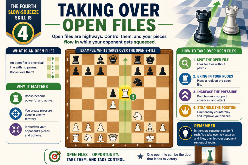 An open file is a file with no pawns on it. A half-open file has only one side’s pawn missing. These files matter because rooks need roads. When a rook has a clear road, it can enter the game, attack weak pawns, and sometimes reach the seventh rank, where it can cause real trouble.