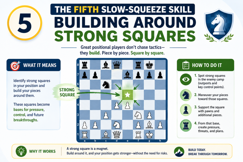 A strong square is a square your piece can use safely, often because the opponent cannot chase it away with a pawn. Knights love strong squares. Bishops, queens, and rooks also enjoy safe active posts, but knights are often the star of this idea.