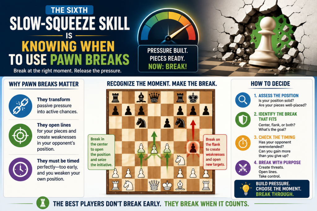 A pawn break is a pawn move that challenges the opponent’s pawn chain and opens lines. It is one of the most important tools in positional chess. Without pawn breaks, a player may have space but no way to make progress. With the right pawn break, a quiet position can suddenly become full of energy.