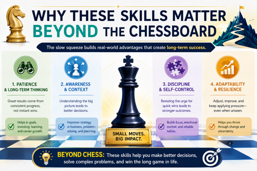 The slow squeeze is not only a chess idea. It is a thinking style. It teaches children that big results often come from small smart steps. You do not always need to rush. You do not always need to force. You can build, improve, wait, and act at the right moment.