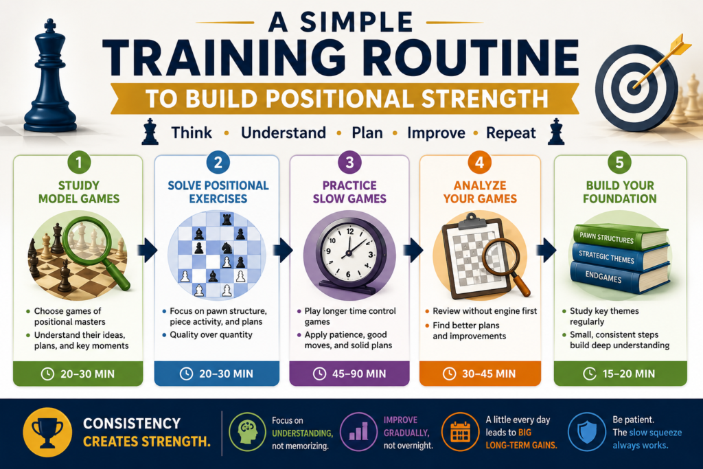 A student does not become a slow-squeeze player by only reading about great masters. They need a simple routine they can follow again and again. The routine should not feel heavy. It should help the student look at the board with better eyes.