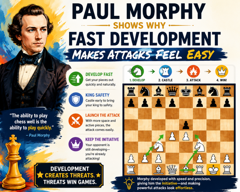 His attacks do not feel messy at first. They feel clean, fast, and natural. He brings out his pieces, opens lines, points everything at the king, and then the attack almost plays itself.