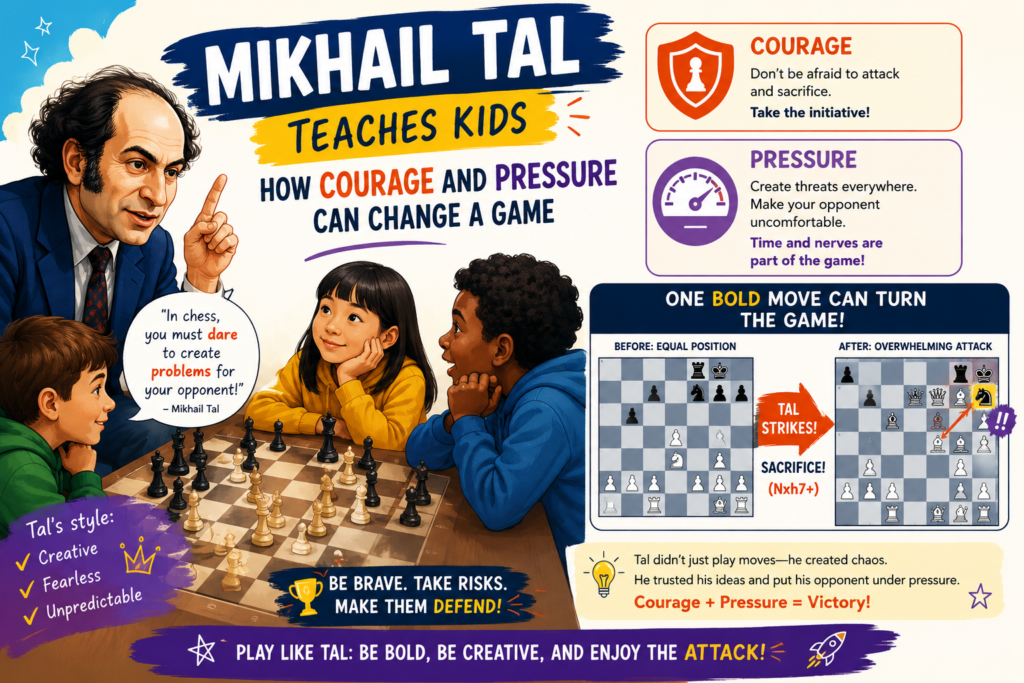Mikhail Tal is the player many people think of when they hear the words “attacking chess.” His games are wild, brave, and full of surprises. He was called the “Magician from Riga,” and that name fits him well. But Tal was not just a wild player. He was a master at making the game hard for his opponent.
