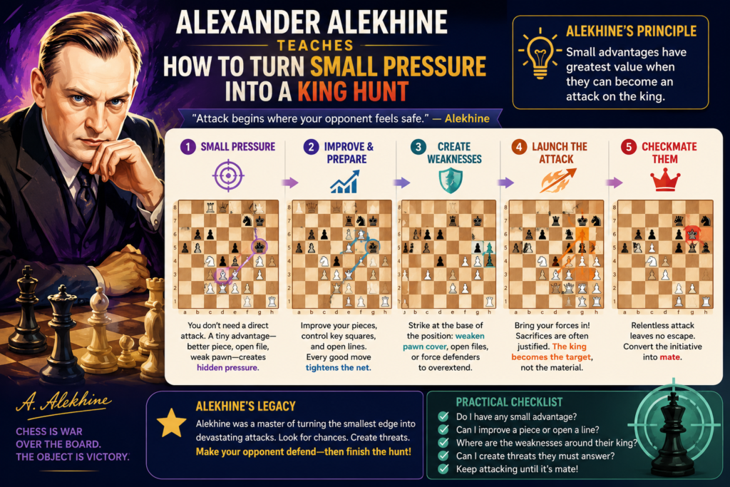 Alexander Alekhine is one of the most exciting attacking players to study because his games often feel like a slow trap closing. He did not always attack with one sudden blow. Many times, he built pressure little by little until the other king had no safe square left.