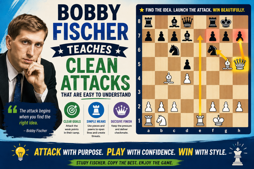 Bobby Fischer is a great attacking player for students because his games are often very clear. His moves feel logical. His plans make sense. Even when the attack becomes sharp, you can often see why each piece belongs where it is.