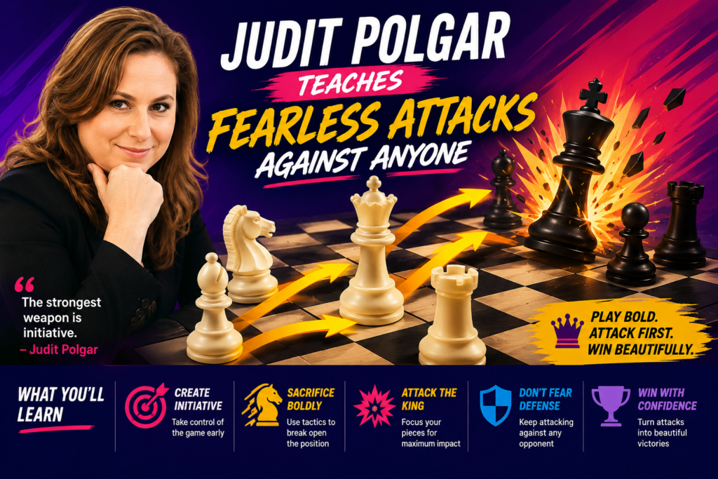 Judit Polgar is one of the best attacking players for kids to study because her games are full of energy, courage, and smart pressure. She played against the strongest players in the world and was never afraid to fight. 
