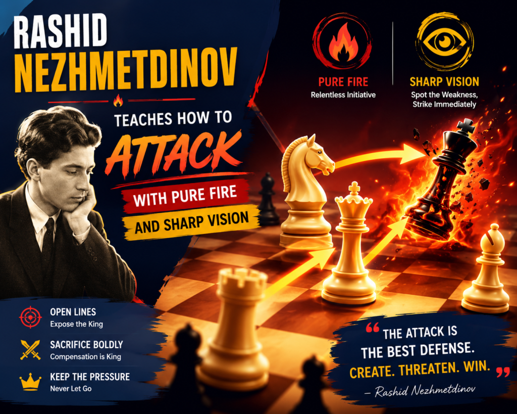 Rashid Nezhmetdinov is not always the first name kids hear when they start chess, but once they see his games, they remember him. His attacks feel full of life. He was not a World Champion, but many strong players respect his games because they are packed with bold ideas, deep tactics, and fearless piece play.