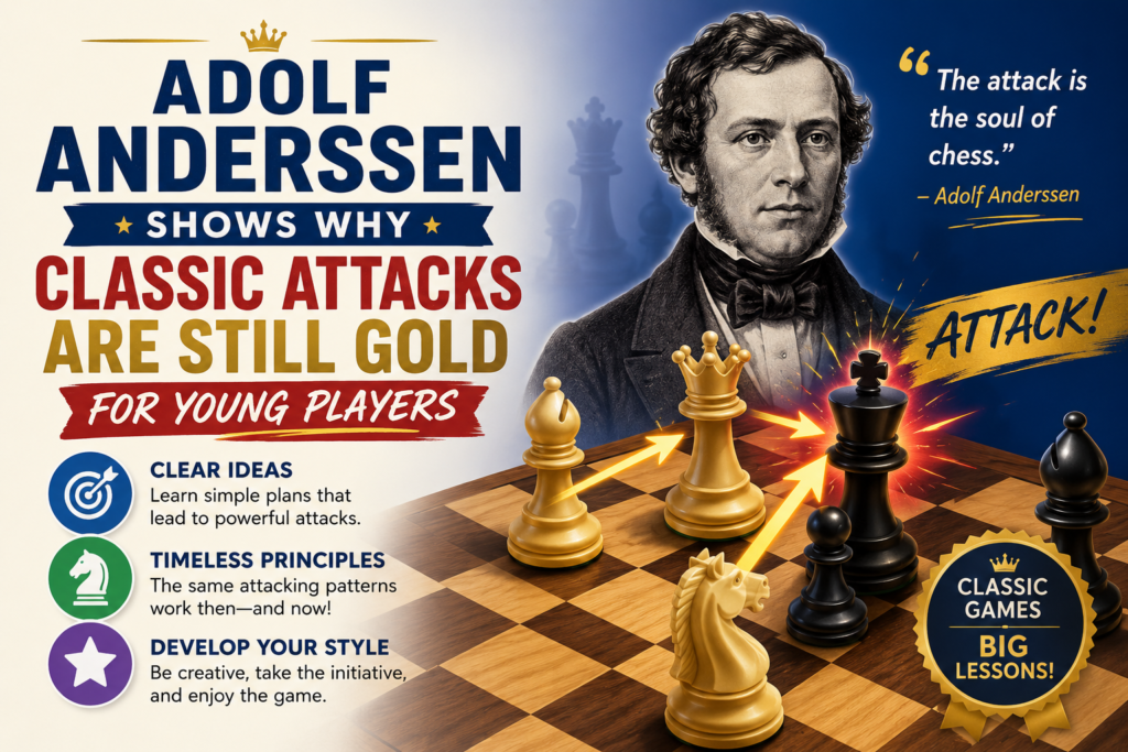 Adolf Anderssen played in the 1800s, but his attacking games still feel fresh. His most famous games are known for huge sacrifices and beautiful checkmates. They may come from an older time in chess, but the lessons are still useful today.