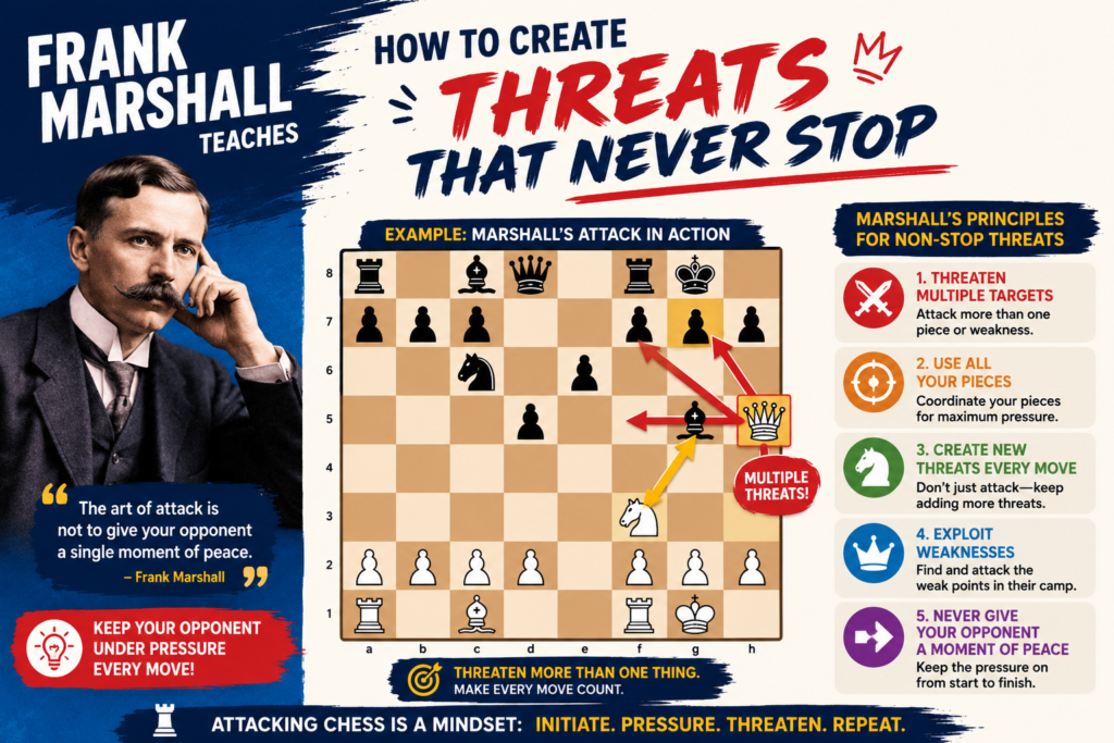 Frank Marshall was a bold attacking player who loved active chess. His games often show energy, traps, and clever attacking ideas. He was also famous for his fighting spirit. Even in tough positions, he looked for chances to create trouble.